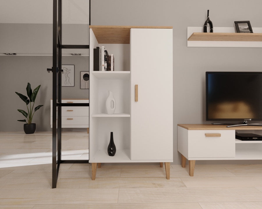 Kocot Denver bokhylla 120 cm med skåp, 3 hyllor, vit/beige