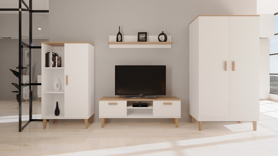 Kocot Denver bokhylla 120 cm med skåp, 3 hyllor, vit/beige