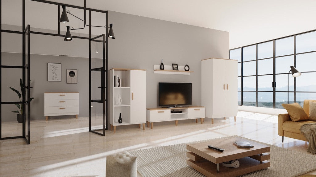 Kocot Denver kirjahylly 120cm kaapilla, 3 tasoa, valkoinen/beige