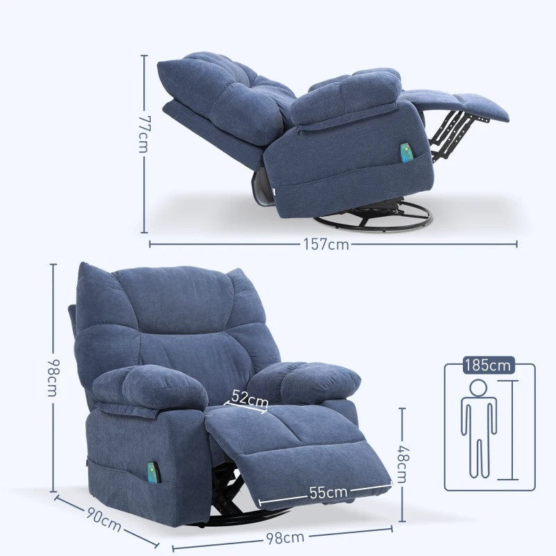 Massagestol med värme- och reclinerfunktion, svängbar, metallram, 98x90x98 cm, blå