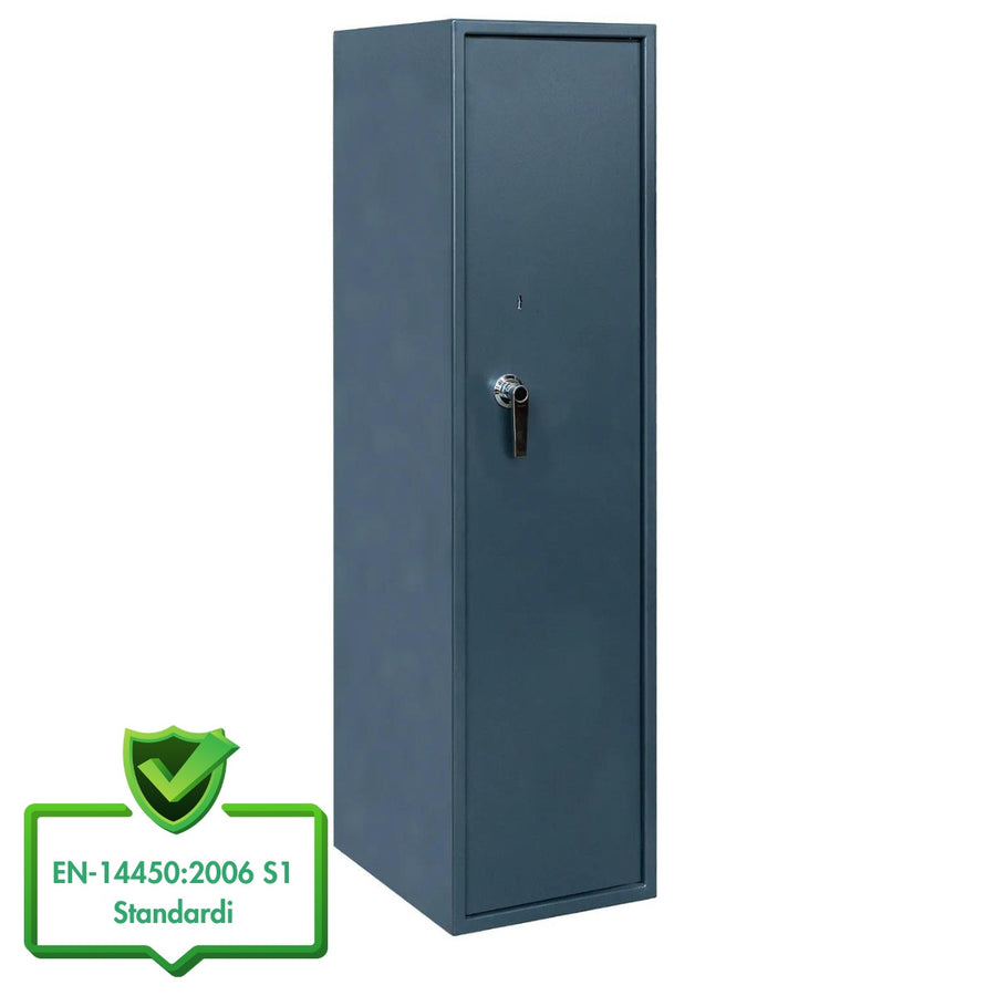 Vapenskåp för 7 vapen 159 x 41 x 50 cm – EN 14450 S1, justerbar hylla, grå