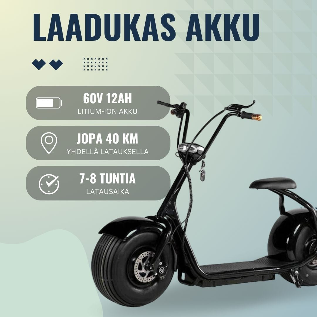 Elscooter 1000 W 25 km/h – 60V 12Ah, upp till 40 km, svart