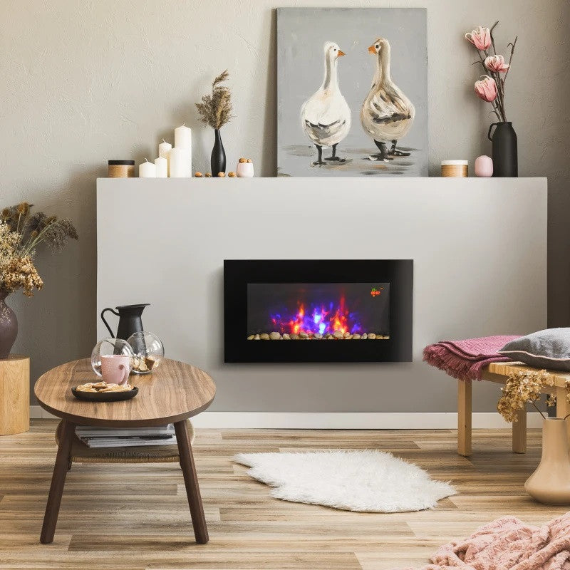 Elektrisk öppen spis med väggfäste och fjärrkontroll, konstgjorda vedträn och kristaller, effekt 1800 W, svart