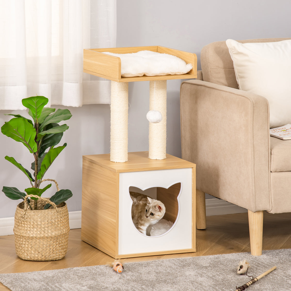 Kattbädd med 2 mjuka kuddar, katträd med lekboll och sisal-klösytor, 35 x 35 x 81 cm