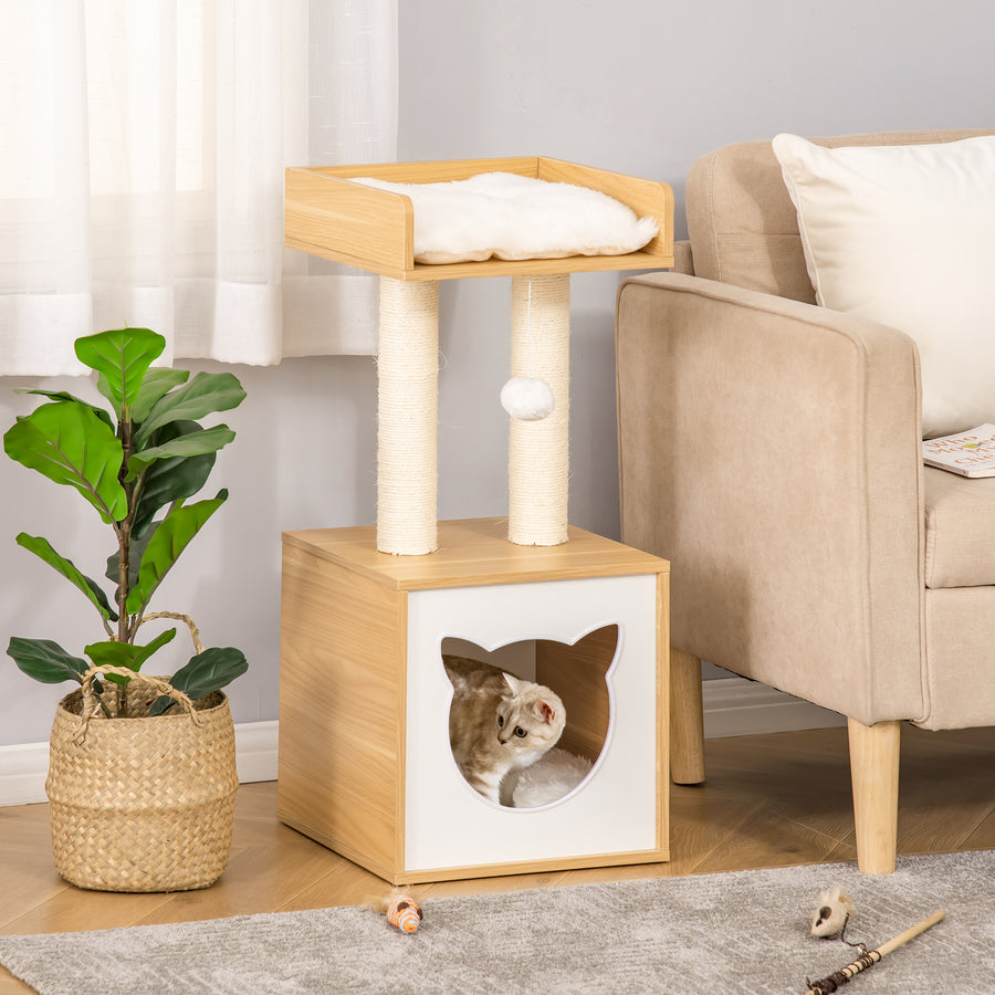 Kattbädd med 2 mjuka kuddar, katträd med lekboll och sisal-klösytor, 35 x 35 x 81 cm