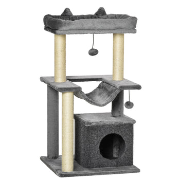 Kattklätterträd 90 cm med flera nivåer och leksaker, grått