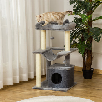 Kattklätterträd 90 cm med flera nivåer och leksaker, grått