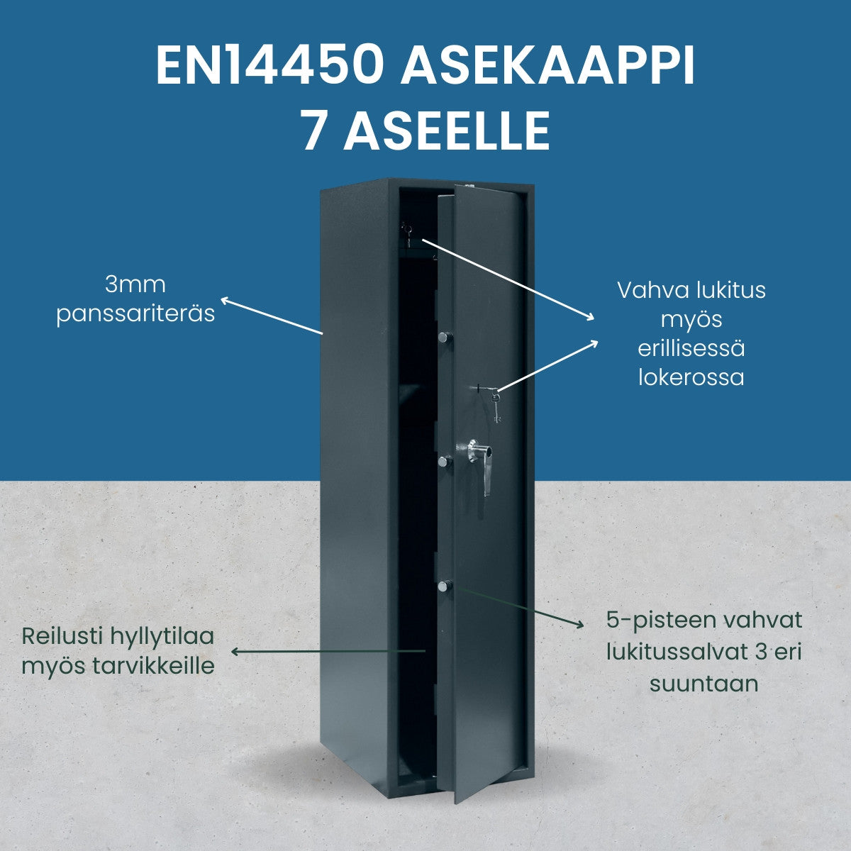 POHJOLAN URHEILUTARVIKE Asekaappi 7 Aseelle EN 14450, 159x41x50cm, Harmaa