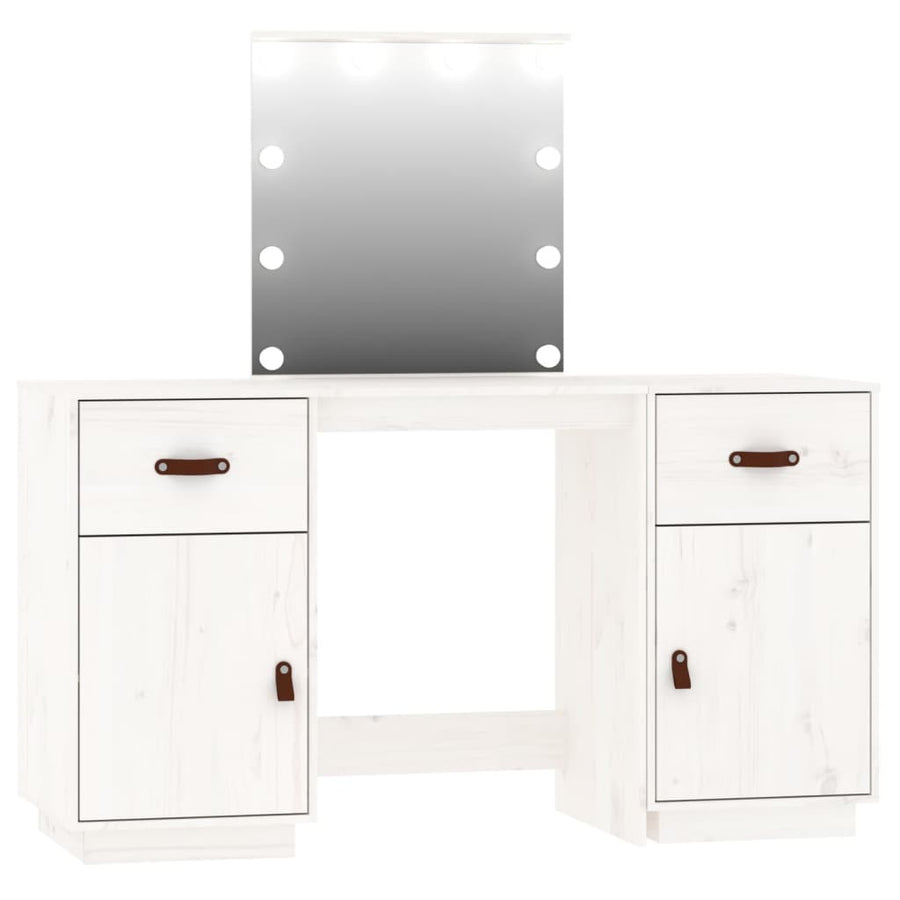 Sminkbord med LED-belysning, vit massiv furu