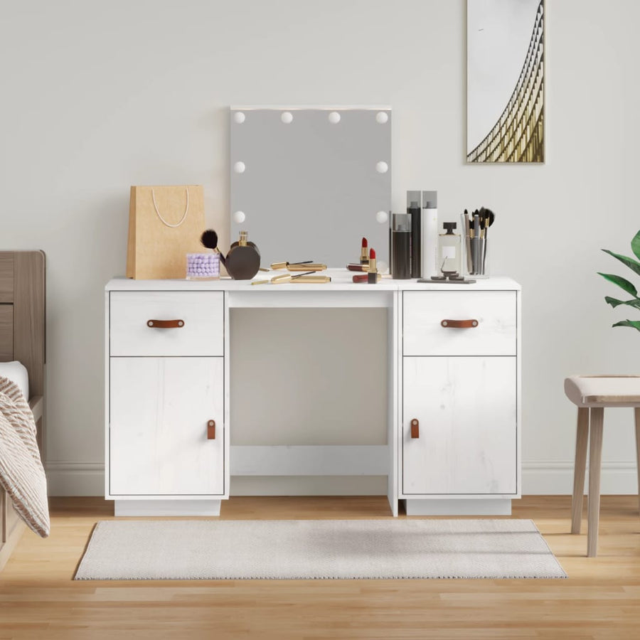 Sminkbord med LED-belysning, vit massiv furu