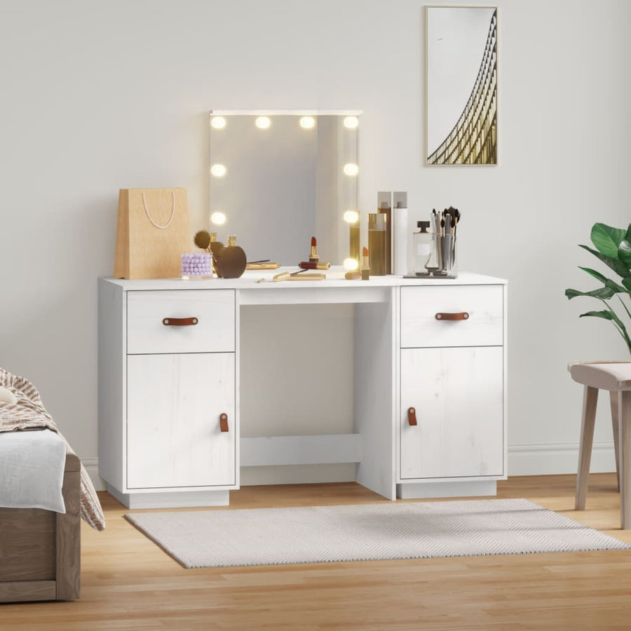 Sminkbord med LED-belysning, vit massiv furu