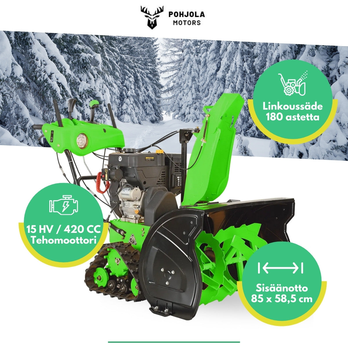 POHJOLA MOTORS Lumilinko telaveto 15HV / 11kW 420cc, Powersteering, sähköstartti, kaksivaiheinen