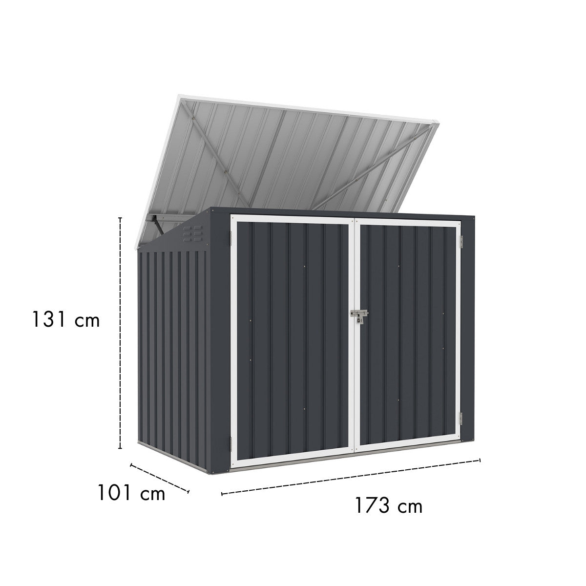 Sopställ för 2 soptunnor 173 x 101 x 131 cm – stålplåt, öppningsbart lock, ventilation