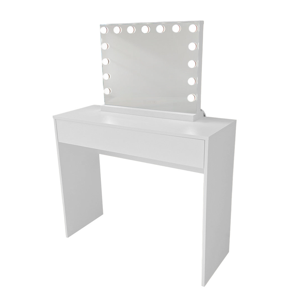 Pohjola Indoor Hollywood Meikkipöytä Valoilla & Leveällä Laatikolla, 91 x 35 x 76/122 cm, Valkoinen
