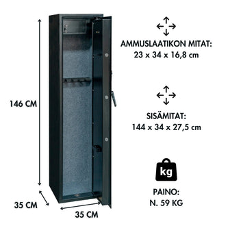 Vapenskåp för 5 vapen EN 14450 – ammunfack, 146 x 35 x 35 cm