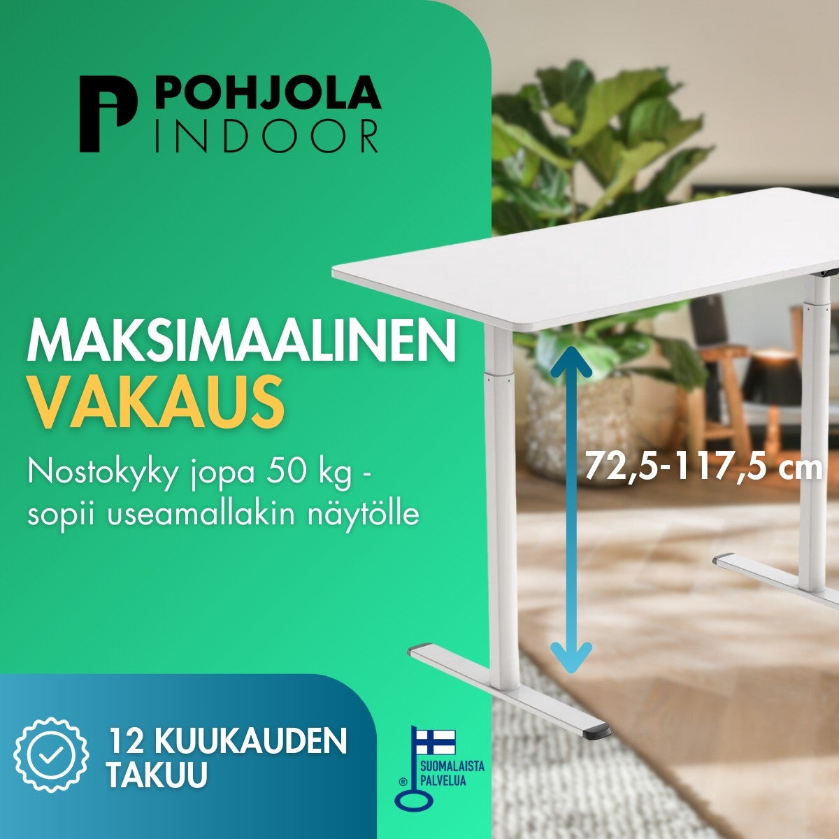 Pohjola Indoor Sähköpöytä 120x60, Valkoinen, 72 - 117 cm korkeus