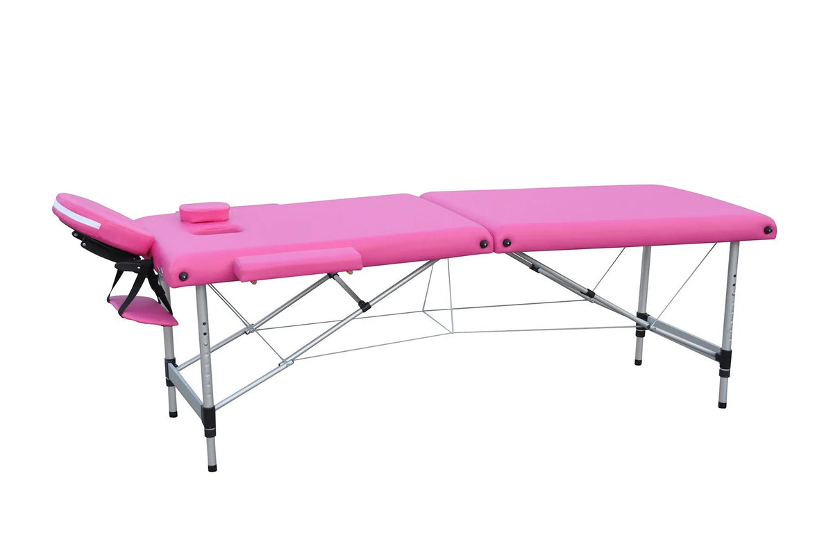 Massagebänk 195 x 70 cm, rosa – aluminiumram, 250 kg, 7 cm stoppning