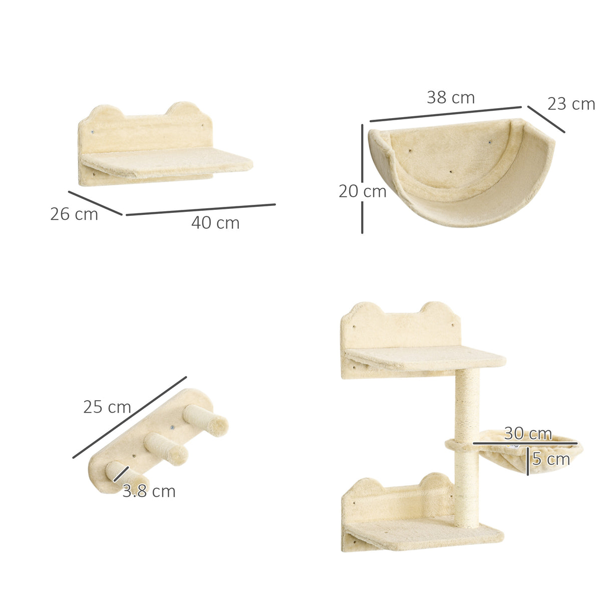 4-delad klättervägg för katter med klösstolpe, beige