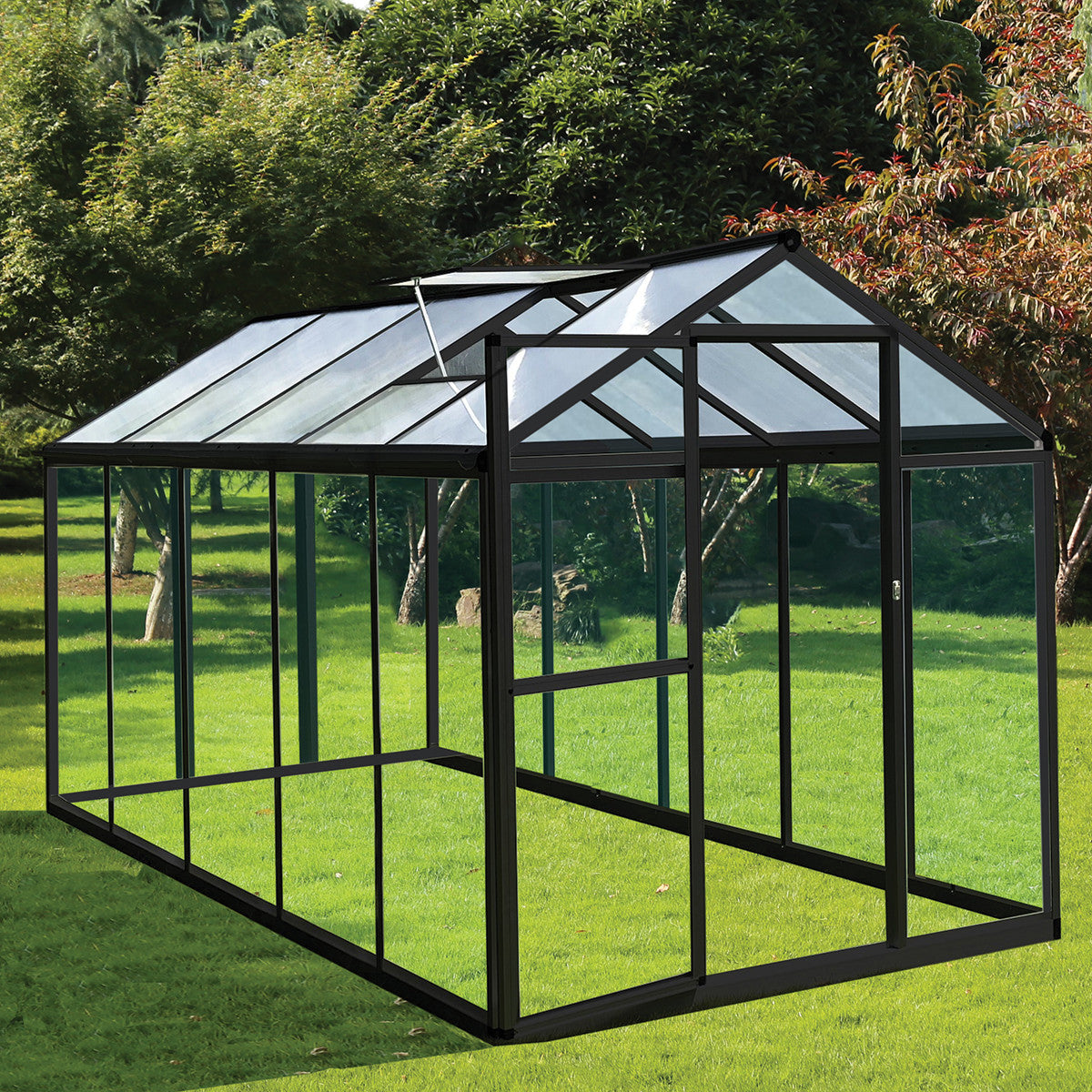 POHJOLA GARDEN Hybrid Kasvihuone 5,4m², Tukeva Runko, Kirkas Seinäpaneeli, Sokkeli, Musta