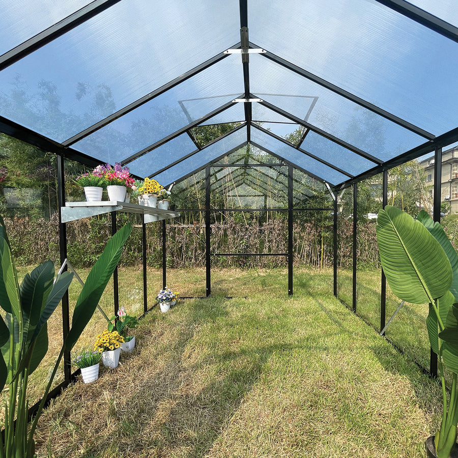 Hybridikasvihuone 8,6 m² – 362 x 248 x 195 cm, polykarbonaattikatto, musta