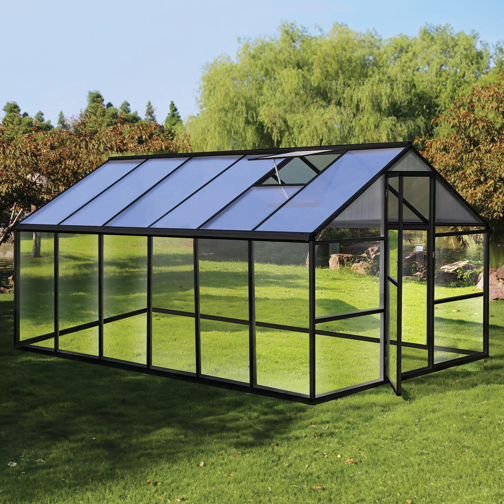 POHJOLA GARDEN Hybrid Kasvihuone 8,6m², Tukeva Runko, Kirkas Seinäpaneeli, Sokkeli, Musta