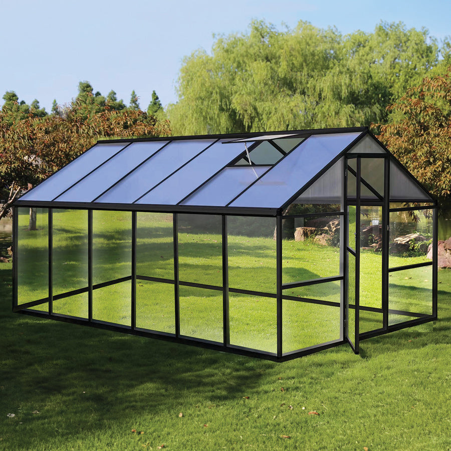 Hybridikasvihuone 8,6 m² – 362 x 248 x 195 cm, polykarbonaattikatto, musta