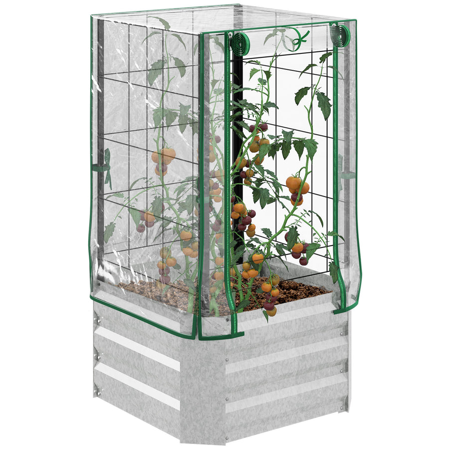 3-i-1 planteringslåda / miniväxthus Med ribbotten 53 x 53 x 90 cm Galvaniserat stål Silver