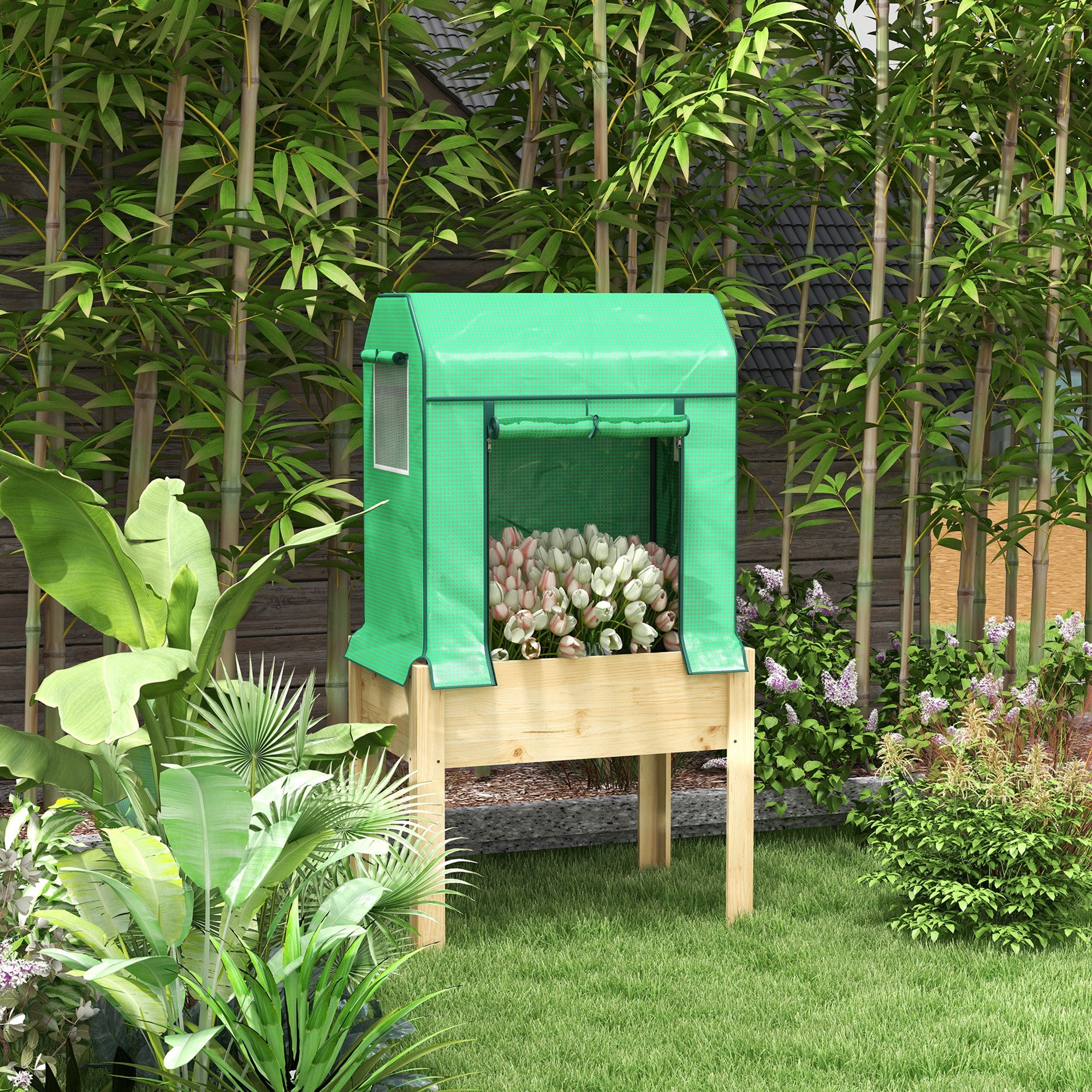 2-in-1 Korotettu Istutuslaatikko / Minikasvihuone 86 x 60 x 165 cm Vihreä