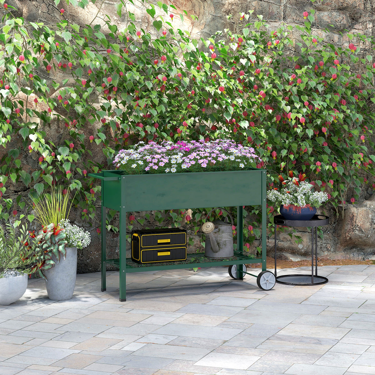 Upphöjd planteringslåda med hjul 109 x 44 x 80 cm Grön