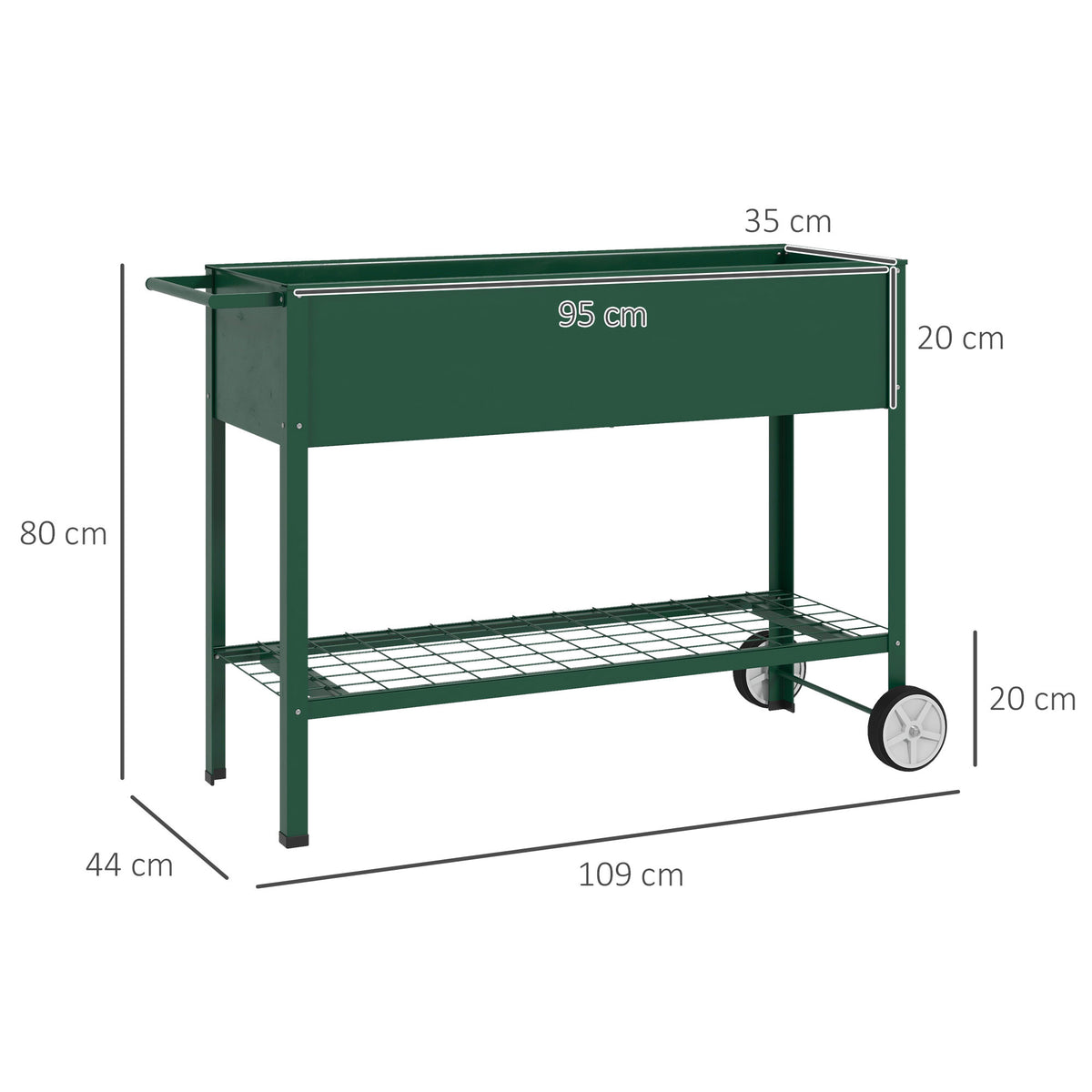 Upphöjd planteringslåda med hjul 109 x 44 x 80 cm Grön