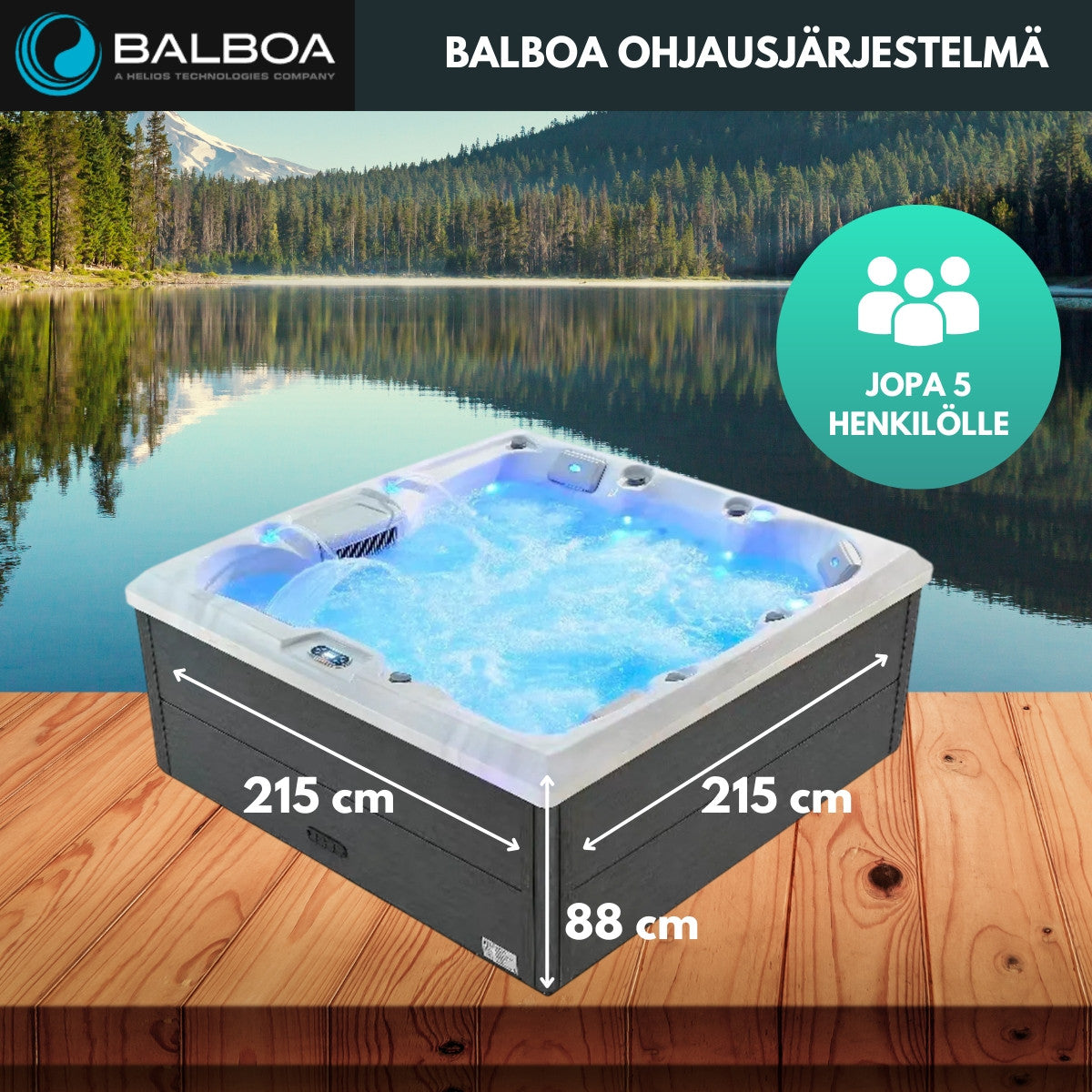 Utomhuspool 215 x 215 cm – 55 munstycken, Balboa WIFI, 39 LED-lampor