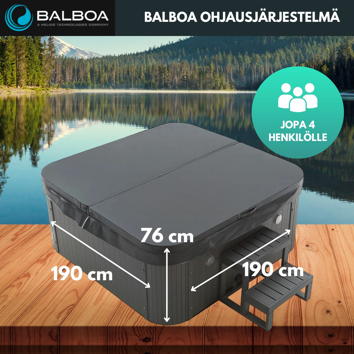 Utomhuspool 190 x 190 cm – 25 munstycken, Balboa WIFI, 3 kW värmare