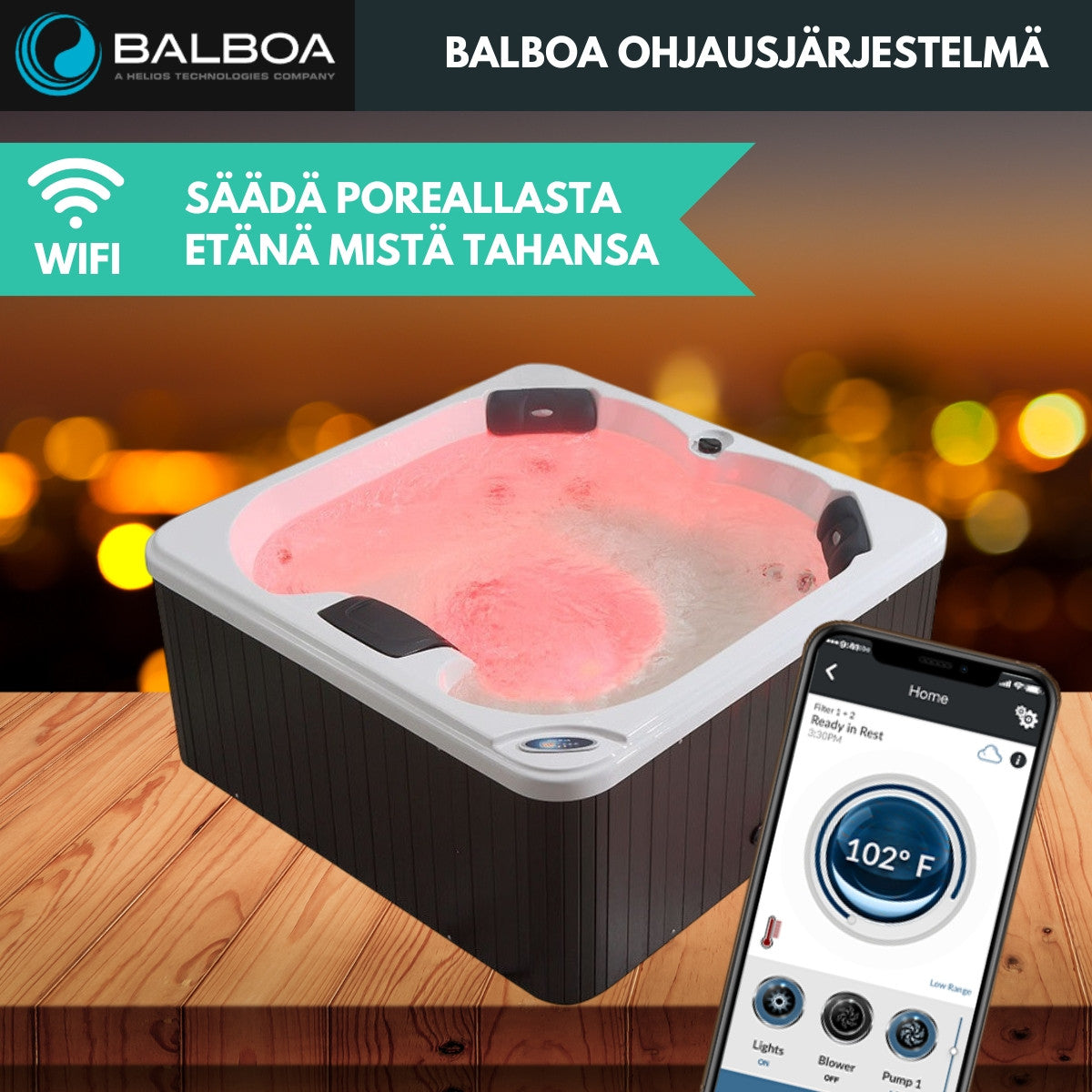Pohjola Spa Ulkoporeallas 160 x 160cm, 4 hlöä, 12 Suutinta, Harmaa WIFI Balboa