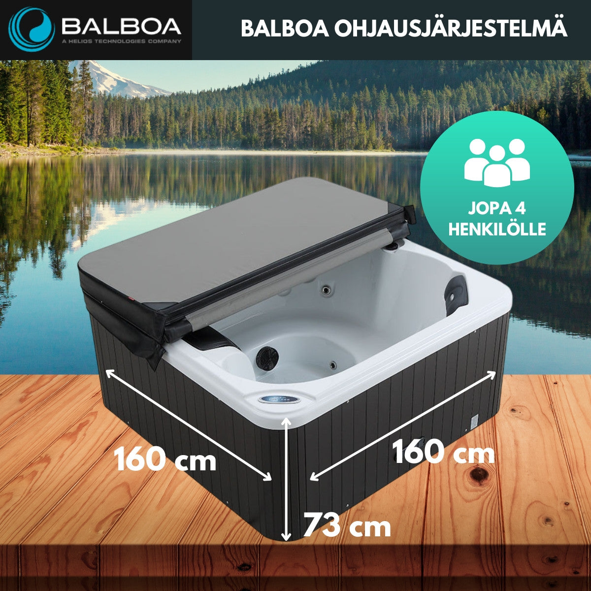 Utomhuspool 160 x 160 cm – 4 personer, 12 munstycken, Balboa-styrning, svart