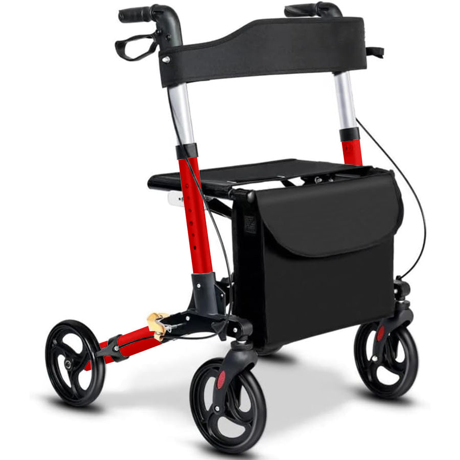 VARMA Premium Rollator med förvaringsväska och ryggstöd, röd