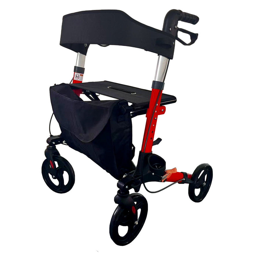 VARMA Premium Rollator med förvaringsväska och ryggstöd, röd