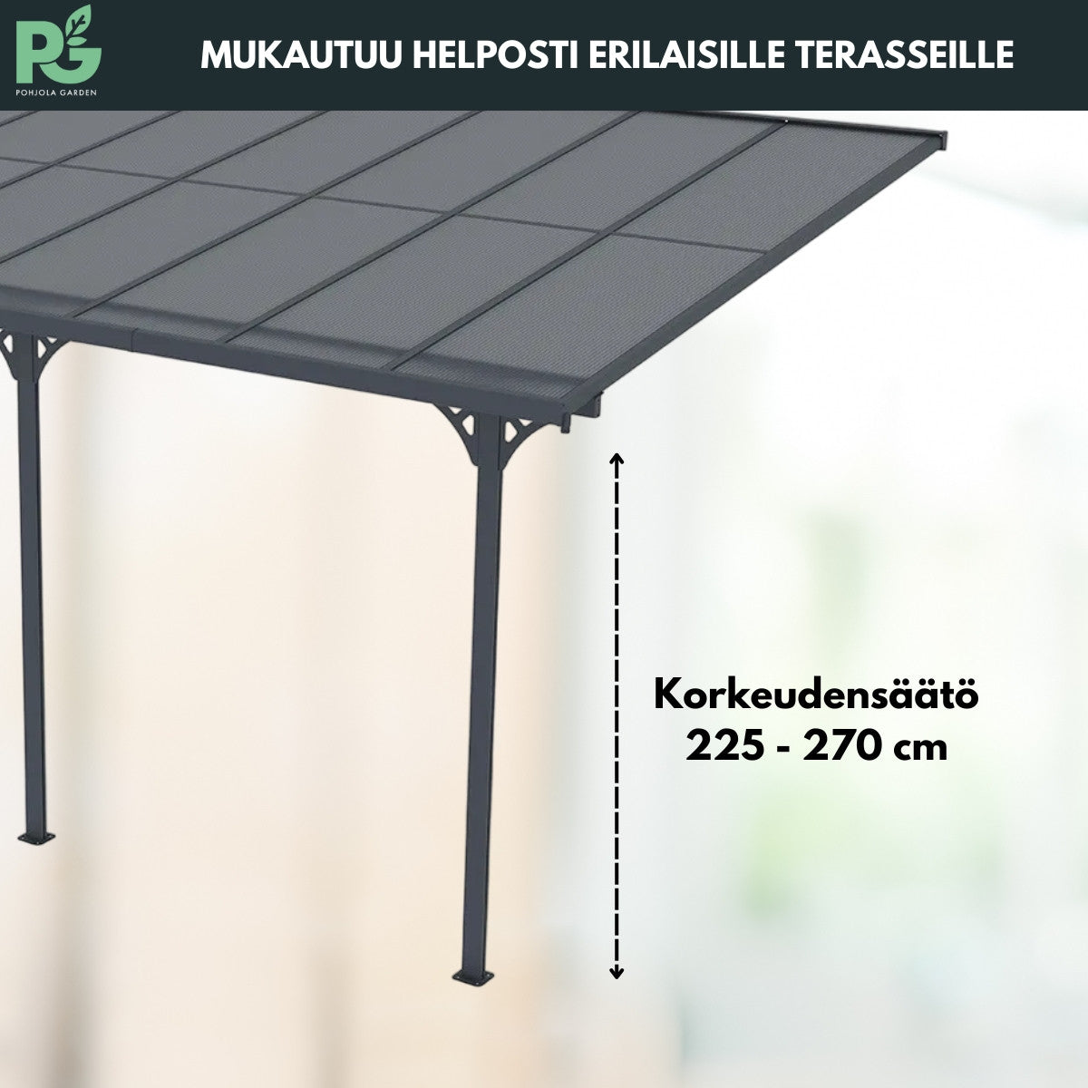 Terassikatos 556 x 300 cm – 6 mm polykarbonaattipaneelit, alumiinirunko, vesirännit