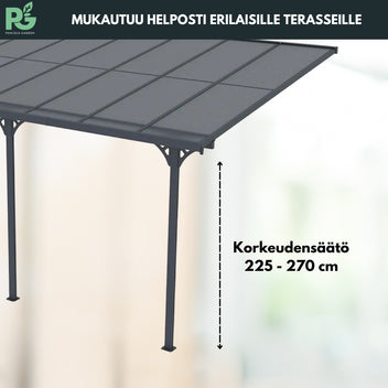 Terassikatos 556 x 300 cm – 6 mm polykarbonaattipaneelit, alumiinirunko, vesirännit