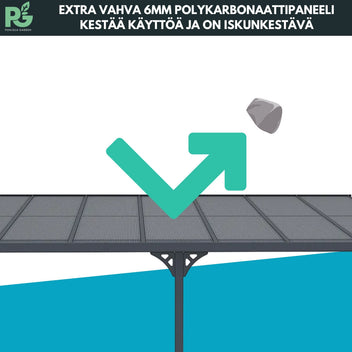 Terassikatos 556 x 300 cm – 6 mm polykarbonaattipaneelit, alumiinirunko, vesirännit