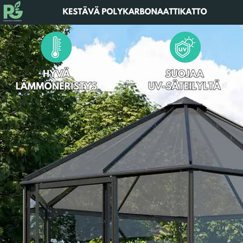 Paviljonkikasvihuone 3,7 m² – kuusikulmainen, 4 mm turvalasi, musta alumiinirunko