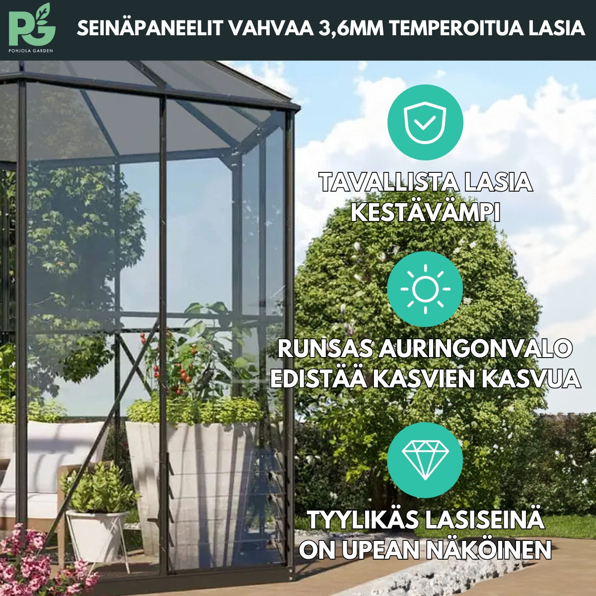 Paviljonkikasvihuone 3,7 m² – kuusikulmainen, 4 mm turvalasi, musta alumiinirunko