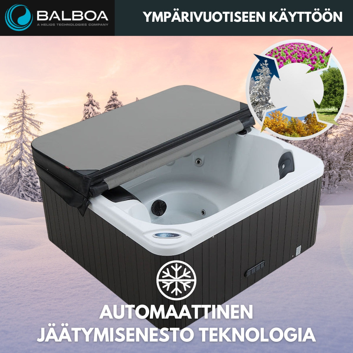 Ulkoporeallas 160 x 160 cm – 4 hlöä, 12 suutinta, Balboa-ohjaus, Bluetooth