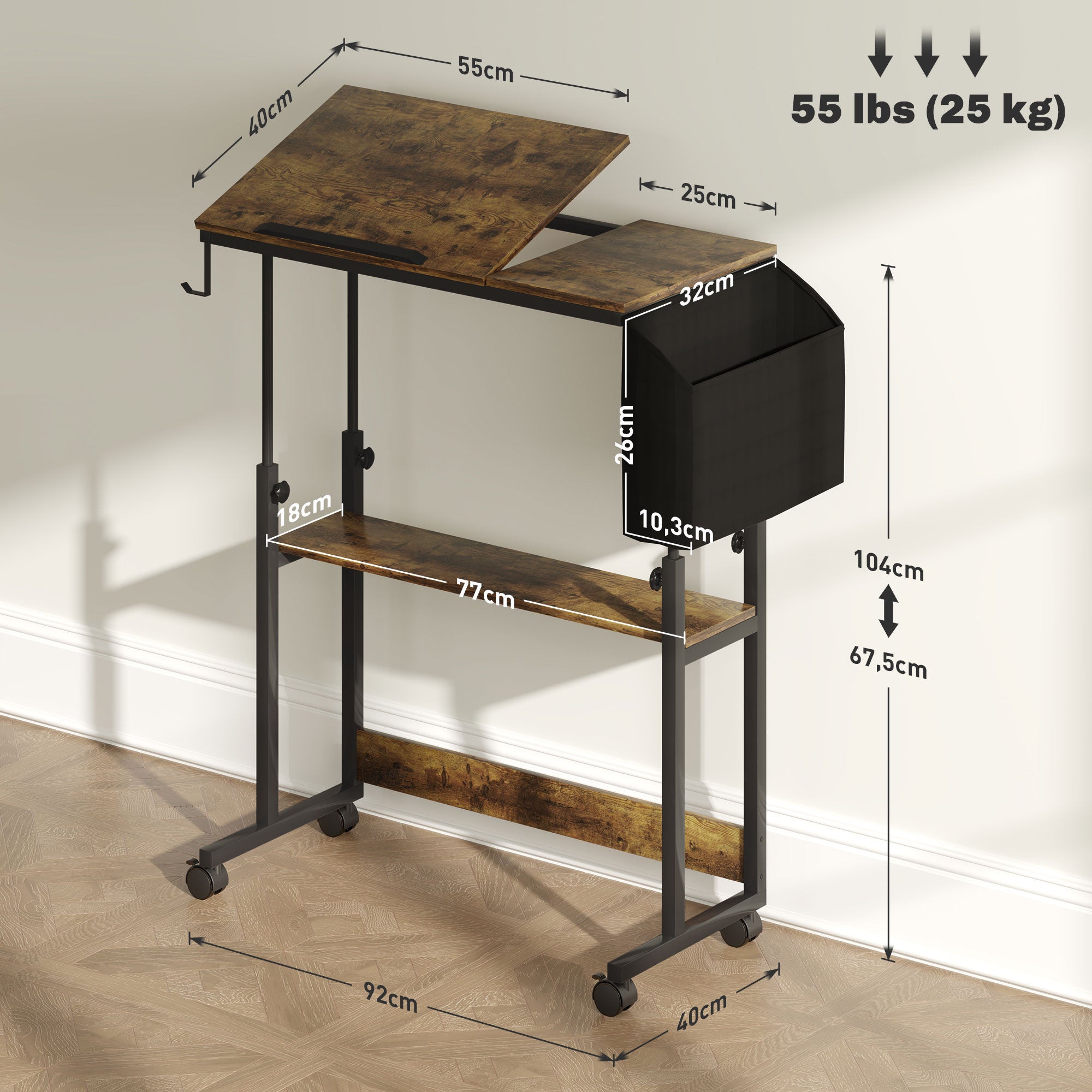 Korkeussäädettävä Työpöytä, 92 x 40 x 67.5-104 cm, Ruskea/Musta