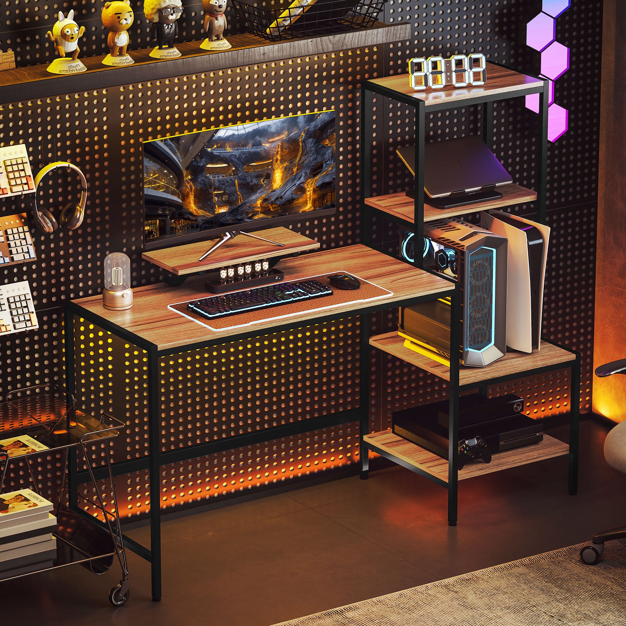 Tietokonepöytä / Työpöytä Hyllyillä, 150 x 48 x 125 cm, Ruskea/Musta