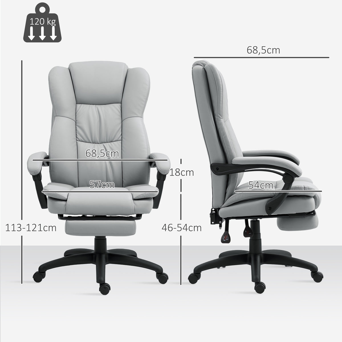 Hierova kontorsstol, ryggstödsjustering och fotstöd, 68,5 x 68,5 x 113–121 cm, ljusgrå