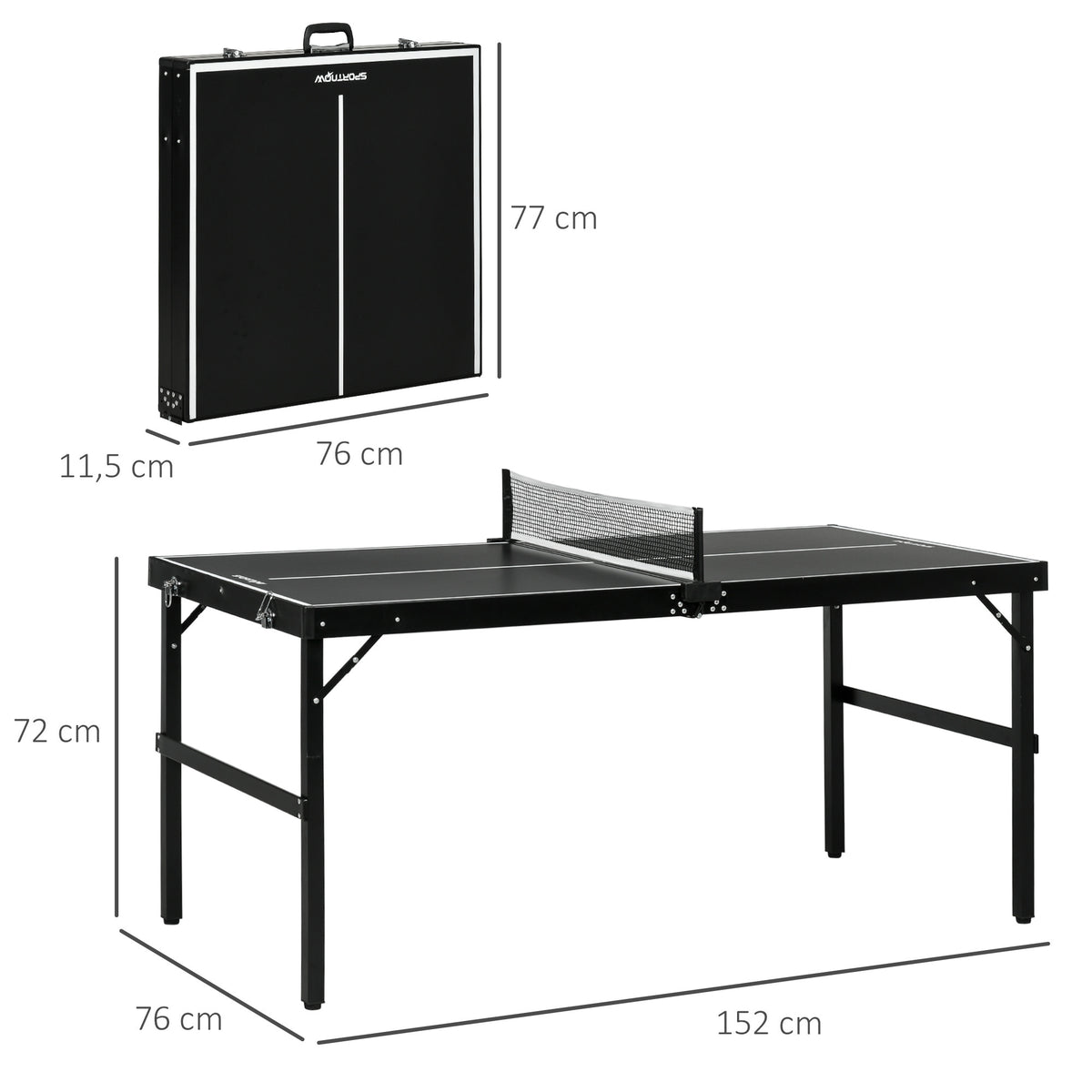 Pingisbord / Bordtennis, hopfällbart, 152 x 76 x 72 cm, svart