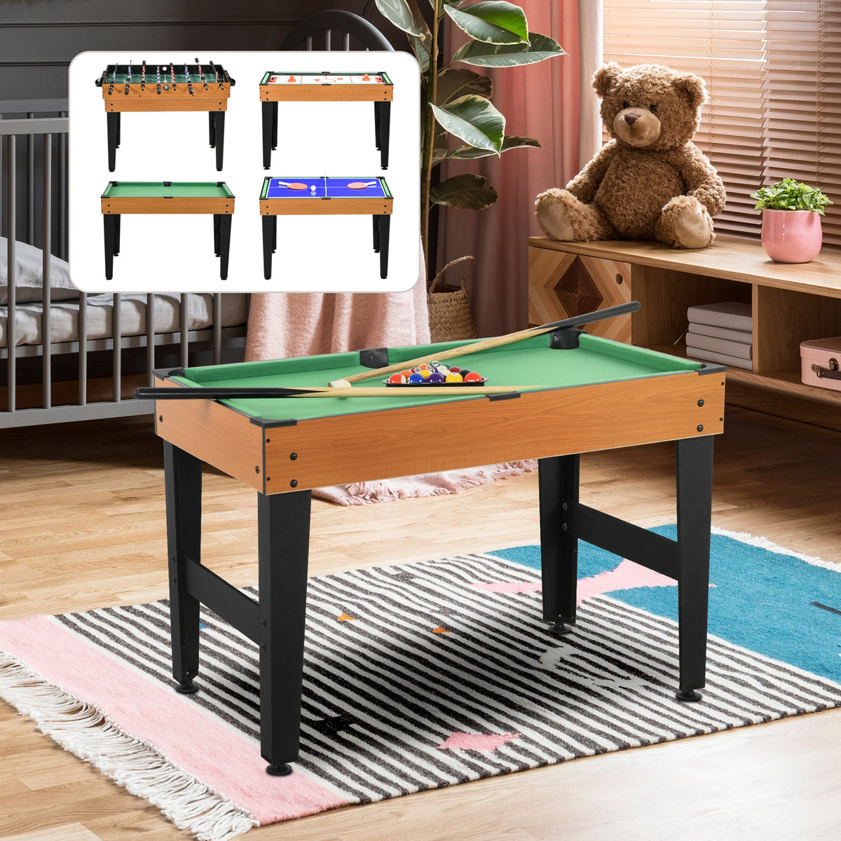 4-in-1 Pelipöytä, Pöytätennis, Pöytäjalkapallo, Ilmakiekko, Biljardi
