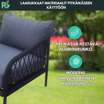 Ulkosohvaryhmä 5-osainen – 3-istuttava sohva, 2 tuolia, 2 pöytää, musta