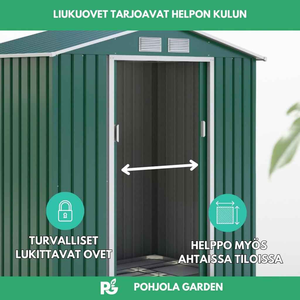 POHJOLA GARDEN Pihavaja 2,7m2 Puutarhavaja, Peltivarasto, Työkaluvaja Vihreä + sokkeli