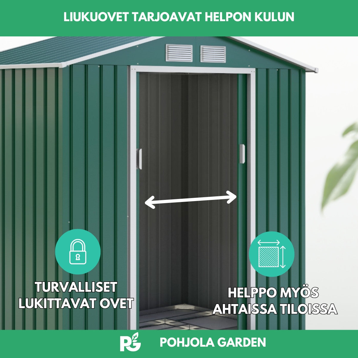Trädgårdsskjul 2,7 m² – skjutdörr, ventilation, sockel, grönt